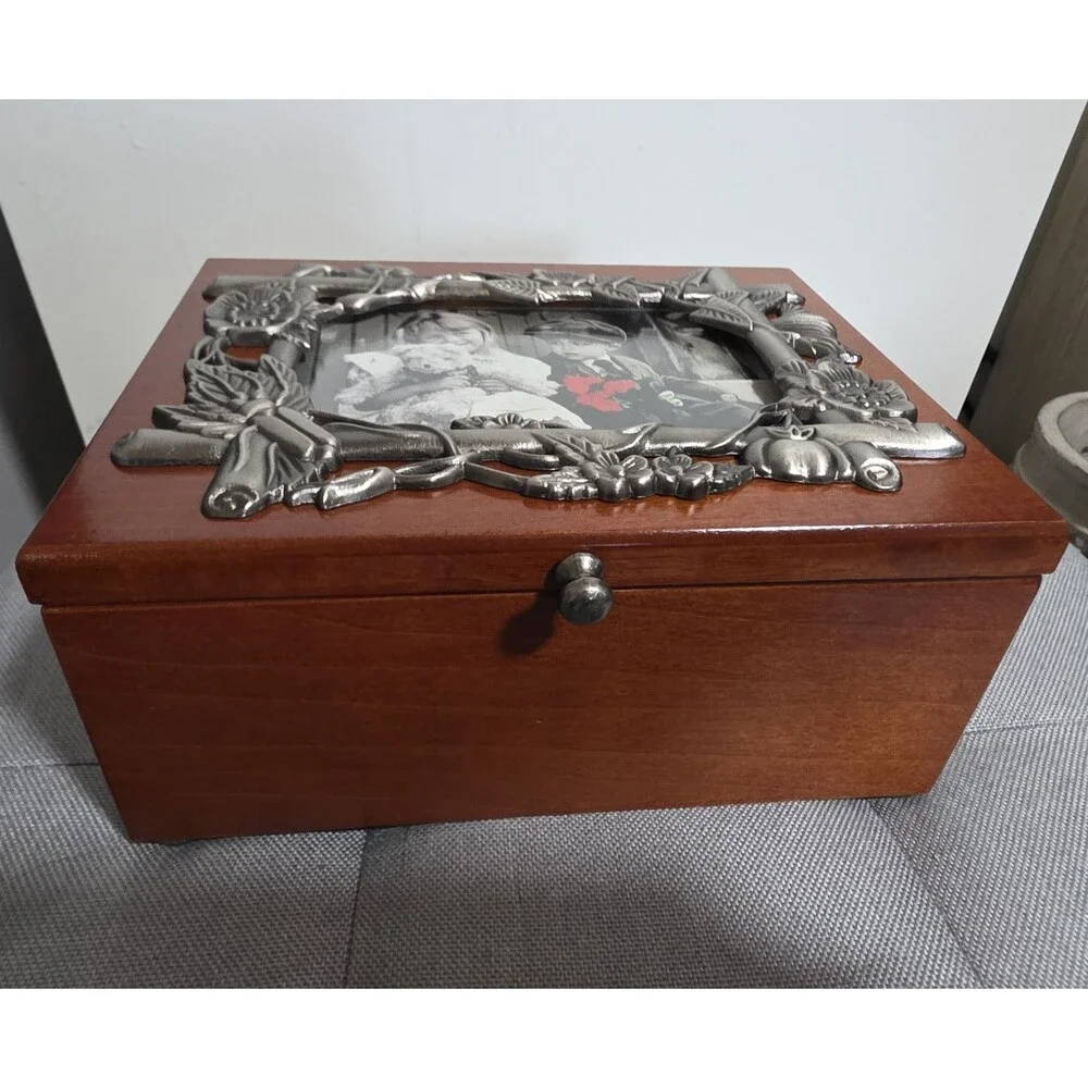 New Vintage Jewelry Box Velvet Lined Tray Ornate Pewter Photo Frame & Mirror NiB